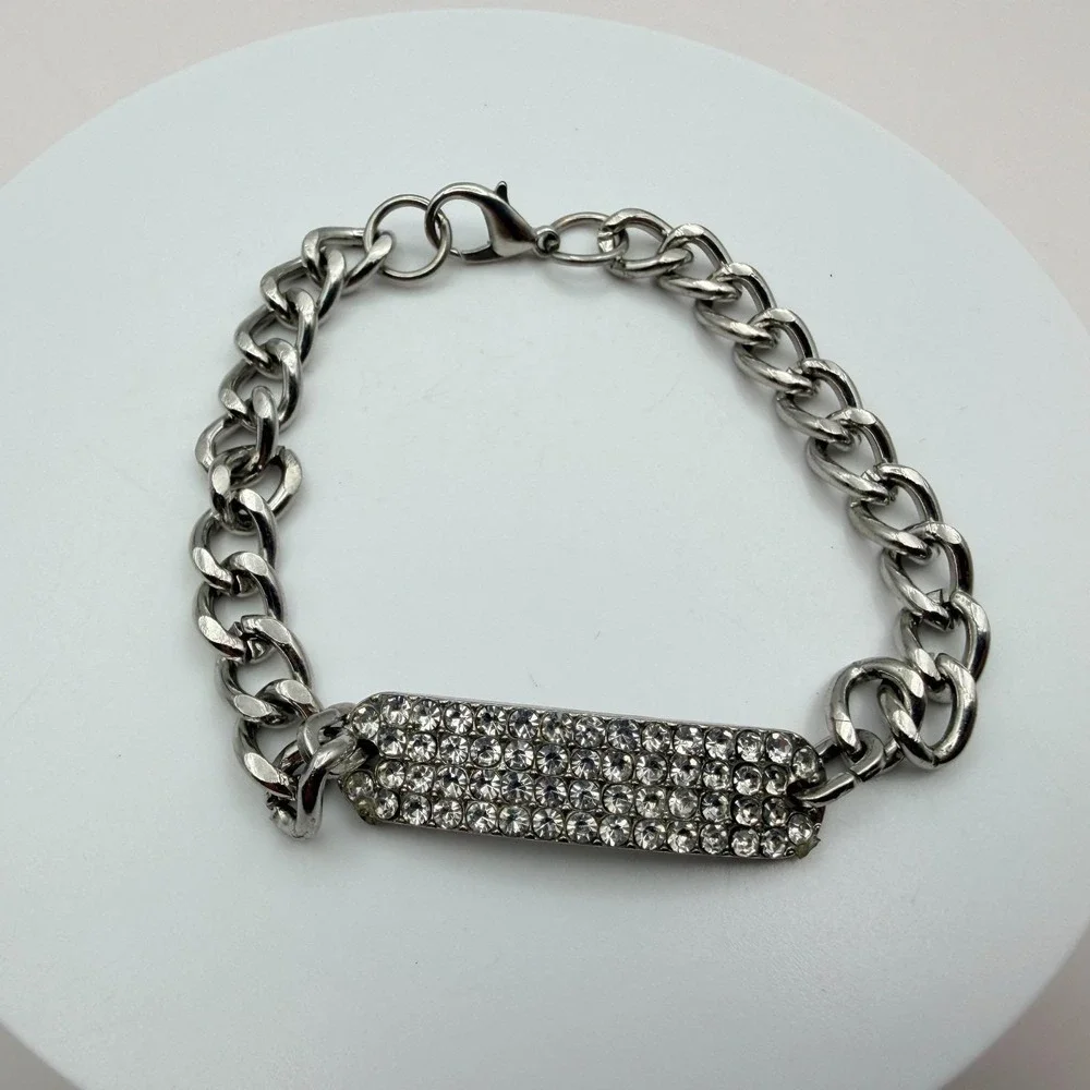 Vintage 90s Silver Tone ID Bar Bracelet Embellishments Adjustable Chain Jewelry